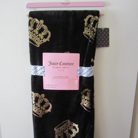 Juicy Couture Gold Crown Black Plush Printed Throw Blanket Home Bedding A - Picture 1 of 4